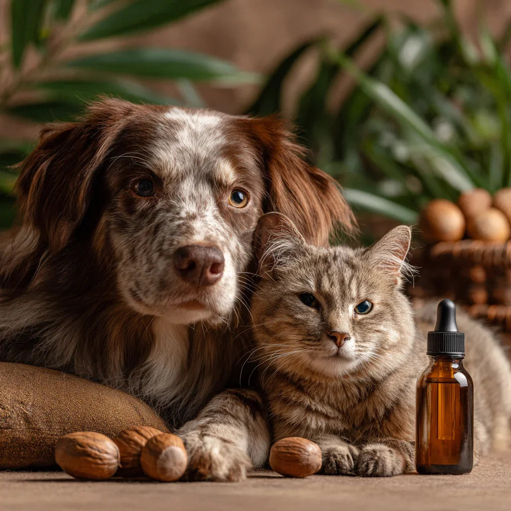 Kedi ve köpek yanında argan yağı şişesi, doğal evcil hayvan bakımı konsepti