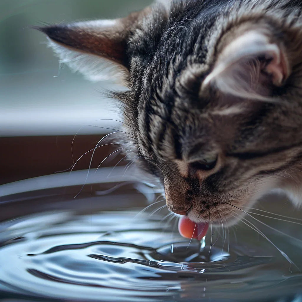 Kedi su kabından su içerken, yakın çekim, evcil hayvan bakım ürünleri