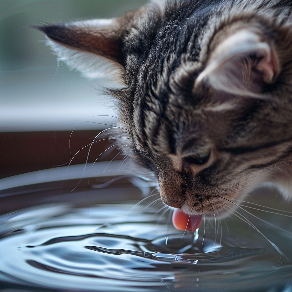 Kedi su kabından su içerken, yakın çekim, evcil hayvan bakım ürünleri