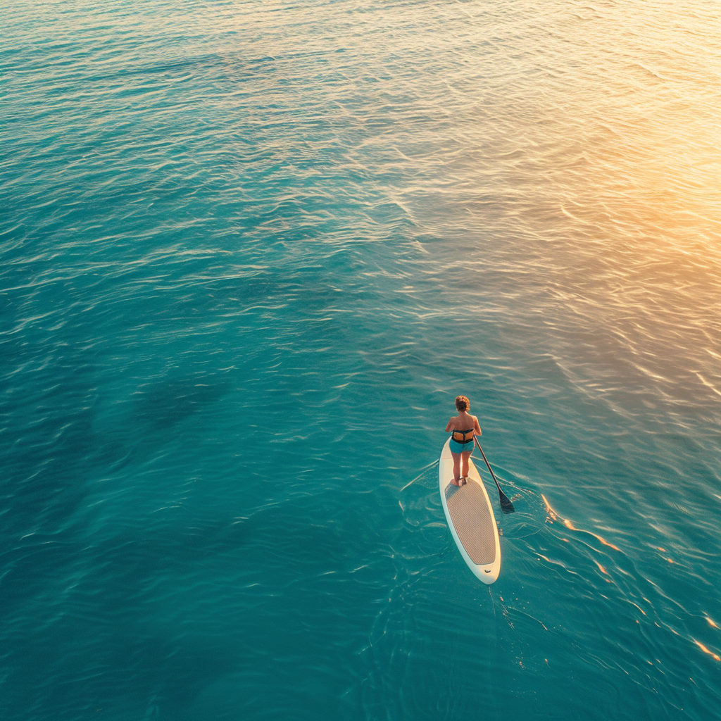 Denizde güneşli havada paddle board ile SUP yapan kadın, su sporları, açık hava etkinliği.