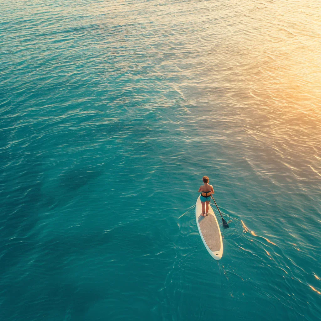 Denizde güneşli havada paddle board ile SUP yapan kadın, su sporları, açık hava etkinliği.