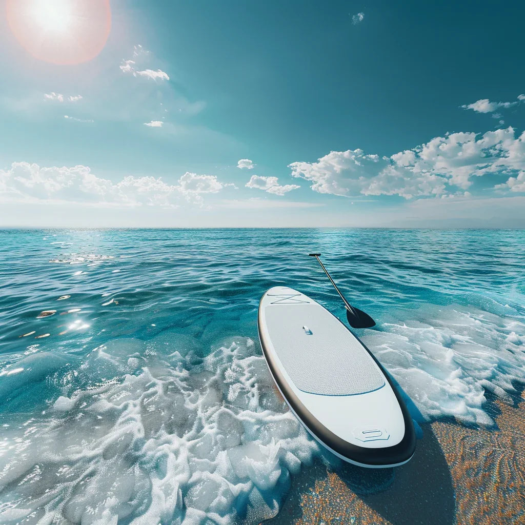 Dalgasız denizde kıyıya yakın duran stand up paddle board ve kürek