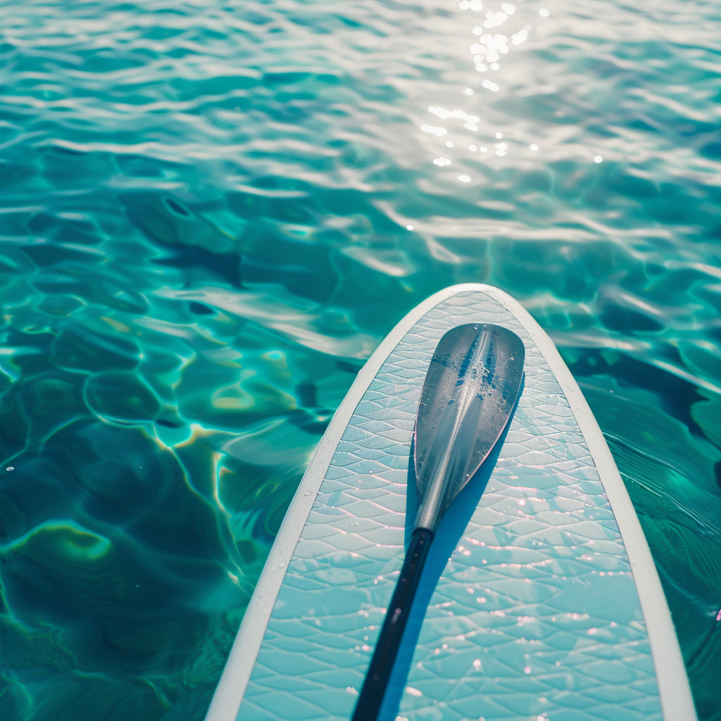 Denizde duran SUP board ve kürek, su sporları ekipmanları görseli