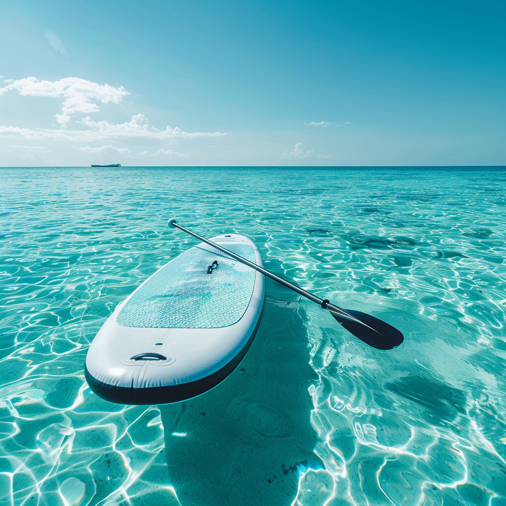 Şişme SUP board ve palet, mavi denizde, açık hava su sporları için ideal