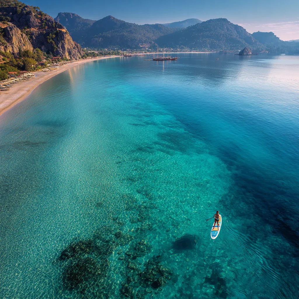 Türkiye'de berrak denizde paddle board yapan kişi, arka planda sahil ve dağlar