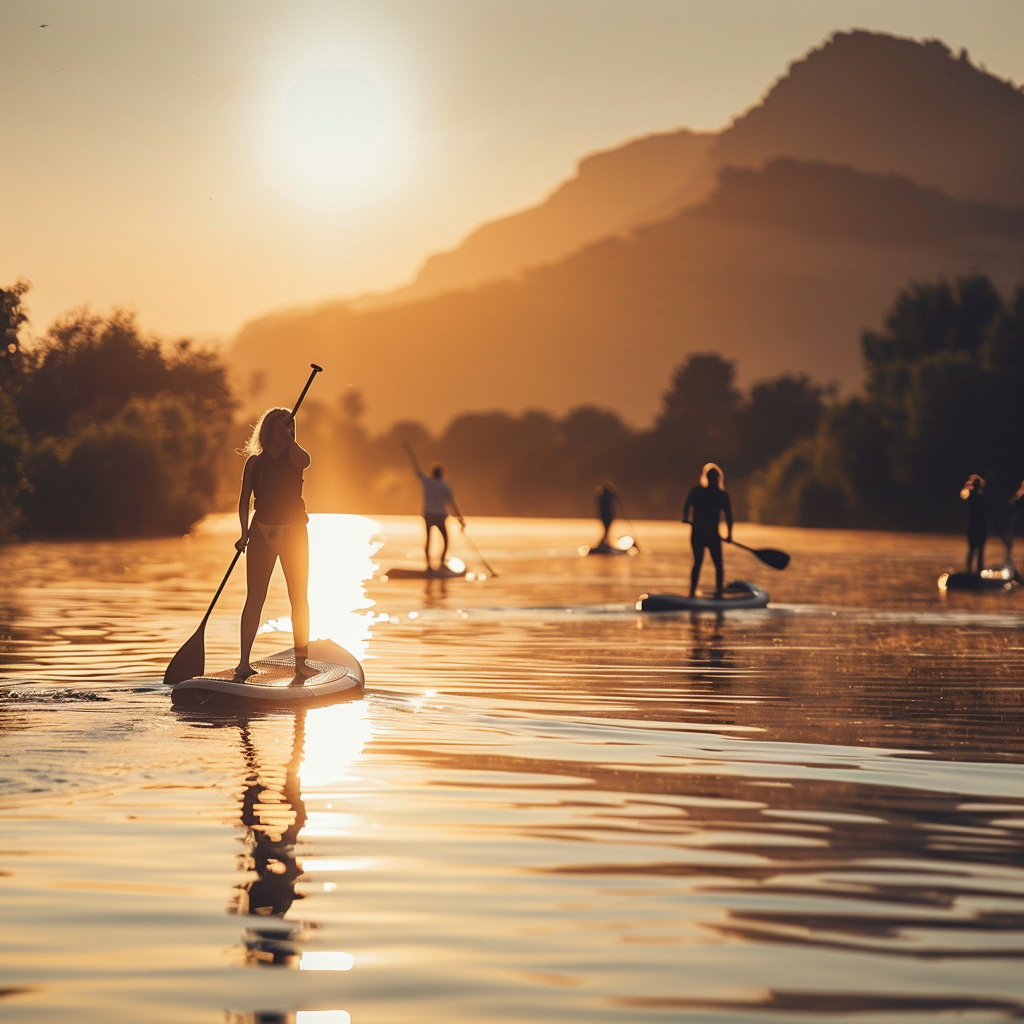 Gün batımında gölde SUP board üzerinde kürek çeken insanlar, su sporları ve açık hava