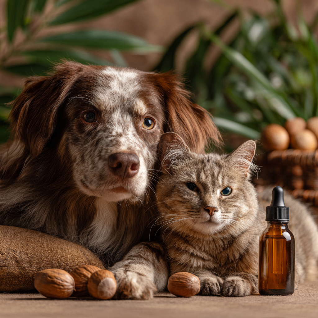 Kedi ve köpek yanında argan yağı şişesi, doğal evcil hayvan bakımı konsepti
