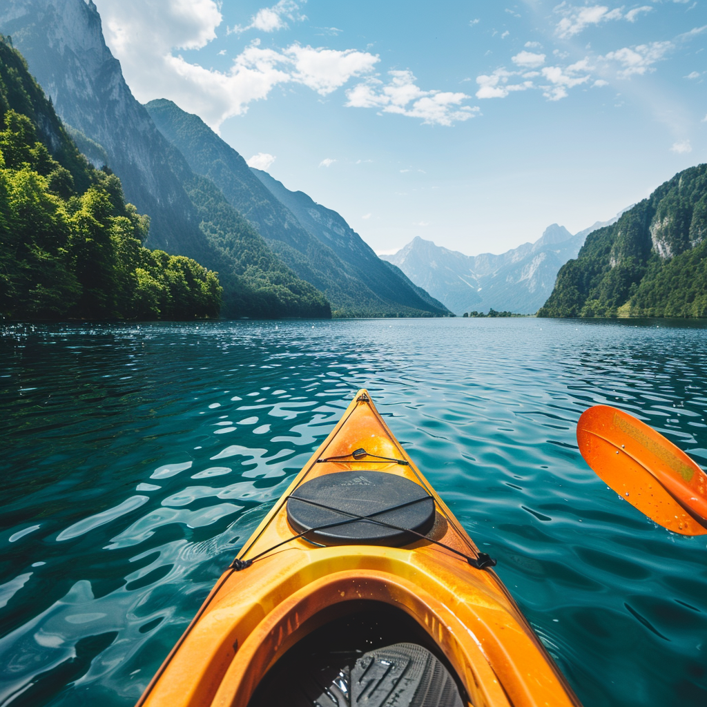 Doğada gölde yüzen turuncu kano, dağlar ve mavi gökyüzü ile outdoor su sporları manzarası