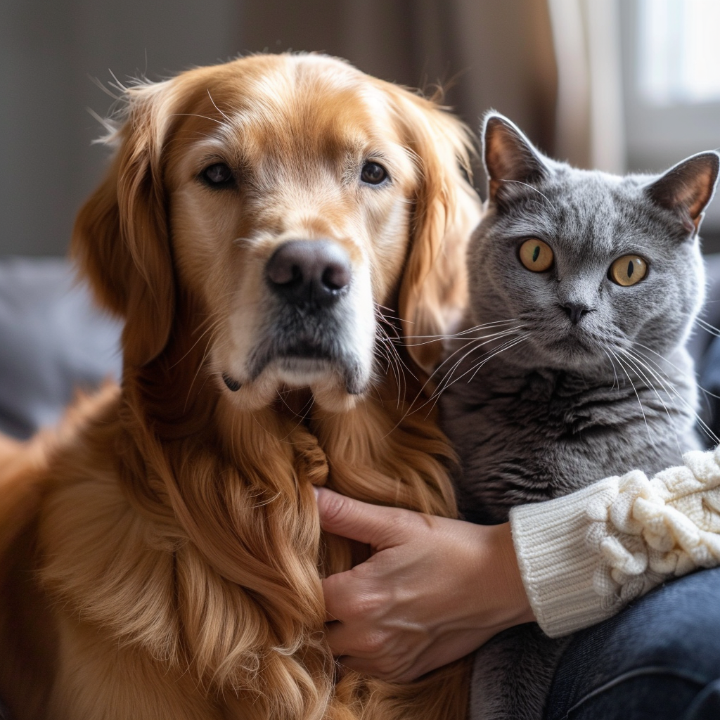 Sarı renkli köpek ve gri kedi, evcil hayvanlarda eklem ağrısı belirtileri görseli
