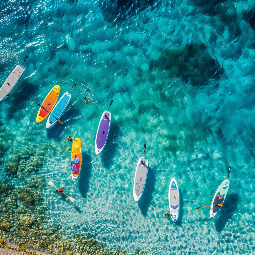 Turkuaz denizde yüzen, farklı renklerde birkaç SUP board ve kürekçiler
