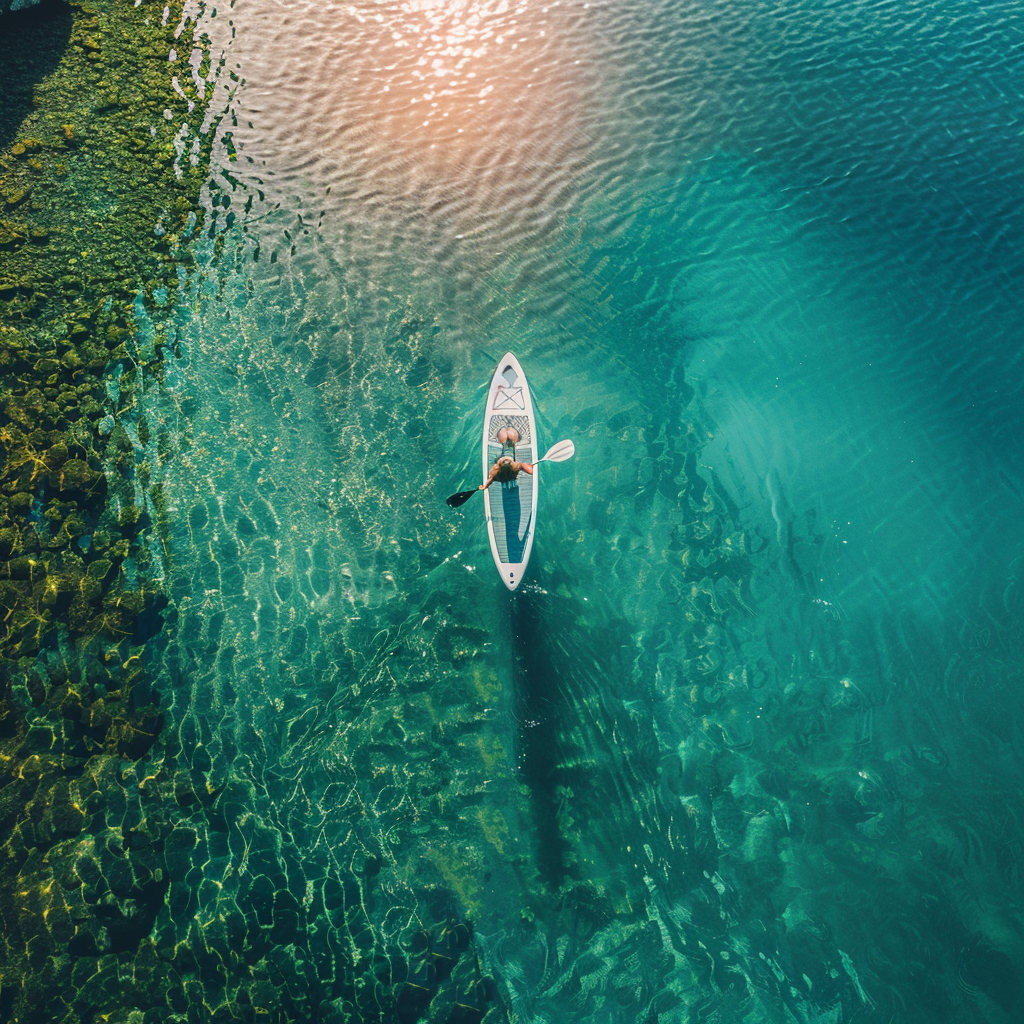 Berrak suda kürek çeken kişinin üstten SUP board ile paddle board keyfi.