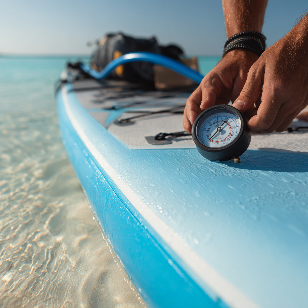SUP board üzerinde basınç ölçer ile doğru hava basıncı kontrolü, sahilde su sporları ekipmanı