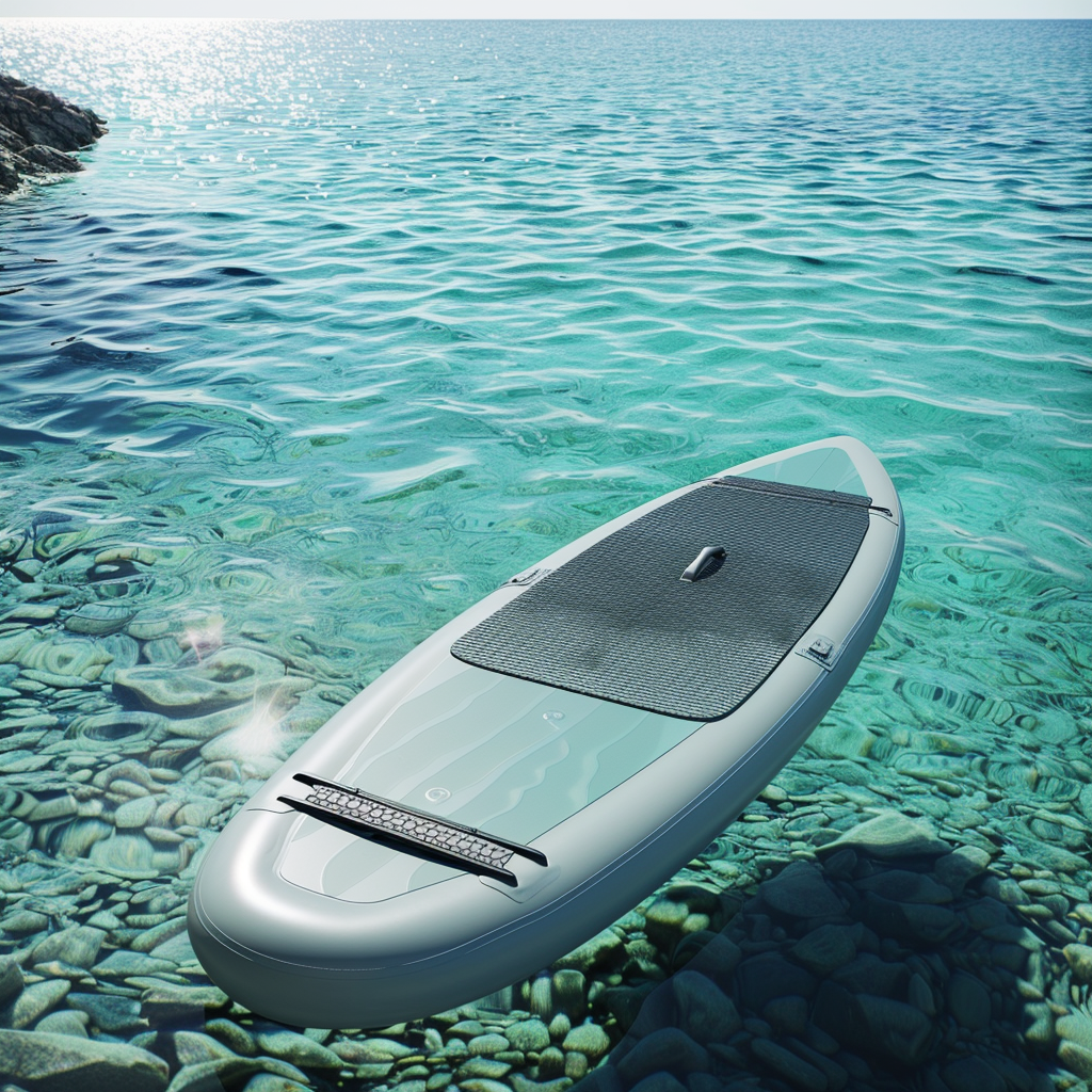 Denizde berrak suda yüzen şişme SUP paddle board, su sporları ekipmanı