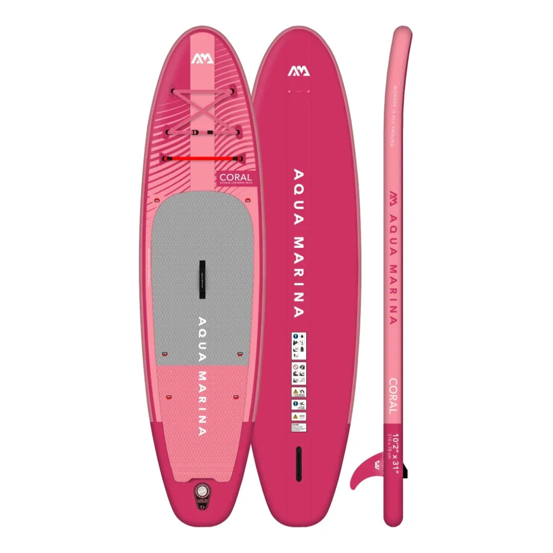 Pembe Aqua Marina şişme SUP board, su sporları için dayanıklı ve kaymaz yüzeyli tasarım.