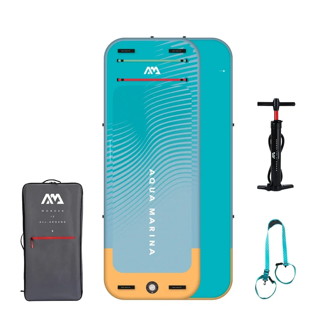 Aqua Marina şişme platform seti, mavi ve sarı renkli, taşıma çantası, pompa ve askı ile.