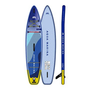 Mavi ve sarı Aqua Marina şişme SUP board, kürek ve deniz sporu ekipmanı.