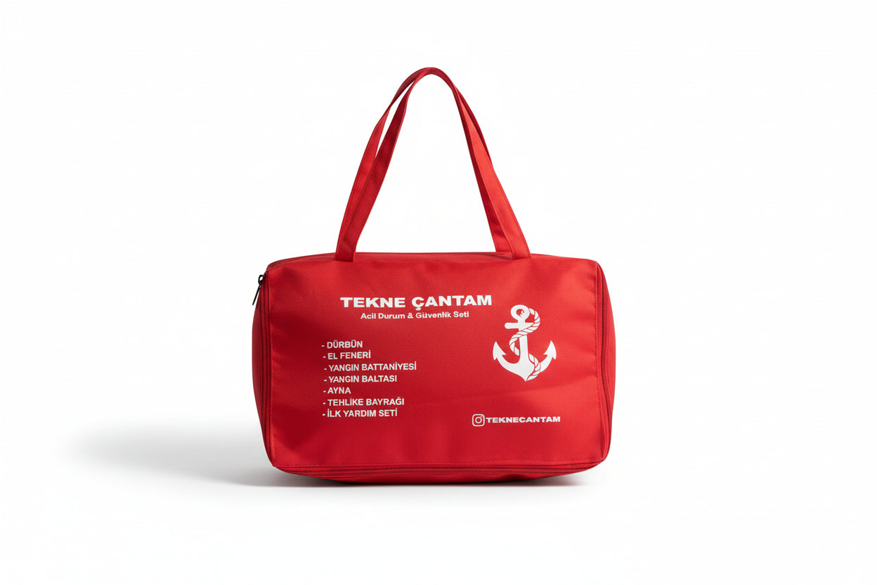 Kırmızı, üzerinde acil durum ve güvenlik seti yazılı, tekneler için acil çanta.