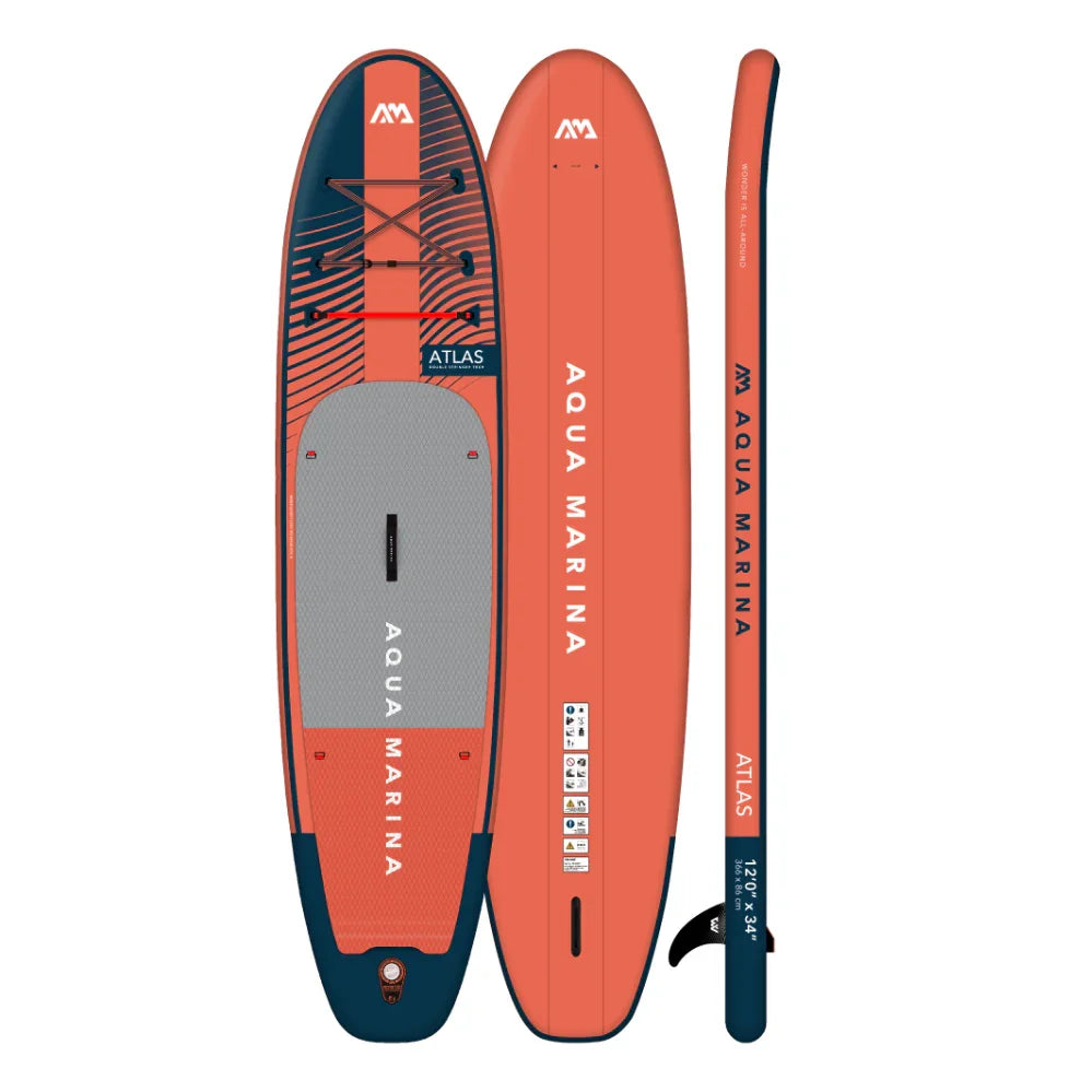 Turuncu ve lacivert Aqua Marina Atlas şişme SUP paddle board, üst, alt ve yan görünüm.