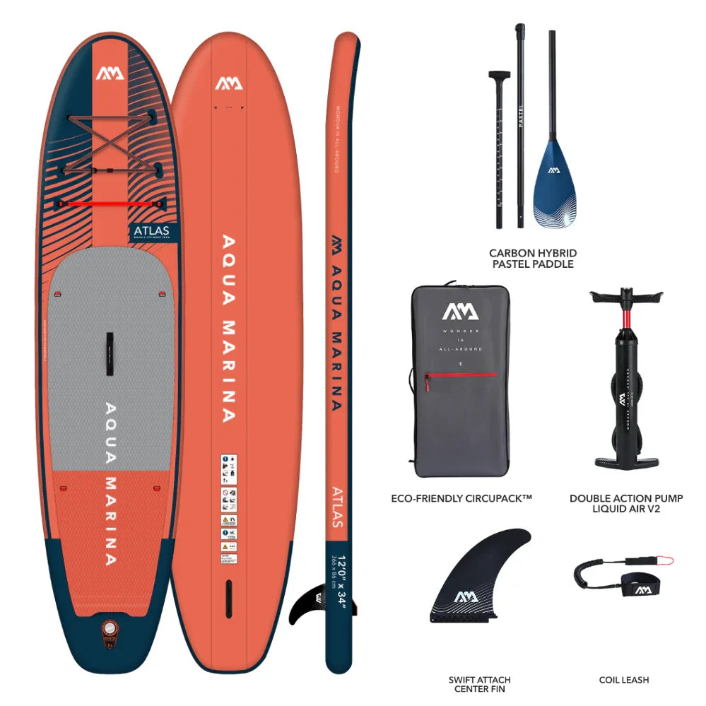 Aqua Marina Atlas şişme SUP board seti, kürek, pompa, çanta, yüzgeç ve bilek kayışı ile.