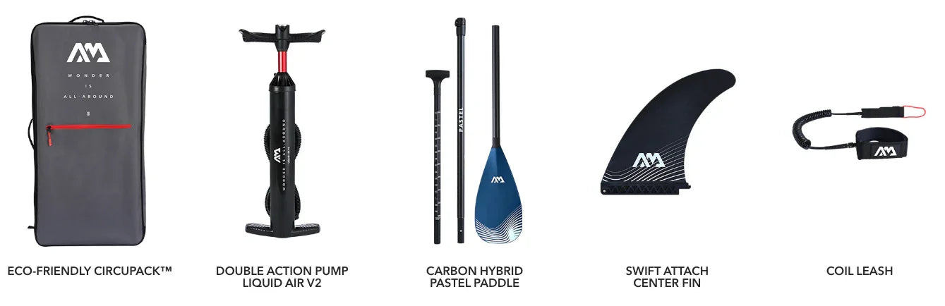 Aqua Marina Atlas SUP board taşıma çantası, çift etkili pompa, karbon hibrit kürek, merkezi yüzgeç ve güvenlik bilekliği seti.