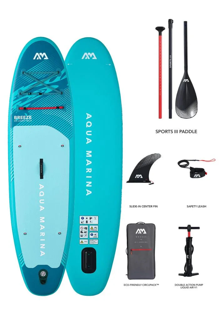 Turkuaz renkli şişme paddle board, ayarlanabilir kürek, yüzgeç, emniyet kayışı, taşıma çantası ve pompa seti.