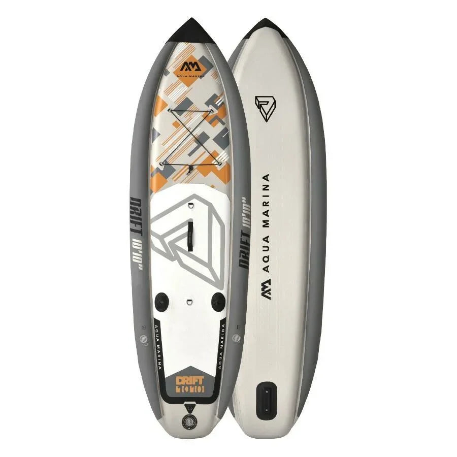 Aqua Marina Drift şişme SUP board, gri ve turuncu desenli üst yüzey, balıkçılık için ideal.