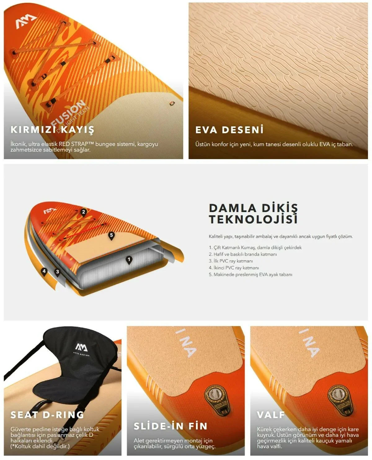 Aqua Marina Fusion 2026 turuncu şişme SUP paddle board, EVA taban, bungee kayış, D-ring ve valf detaylarıyla.