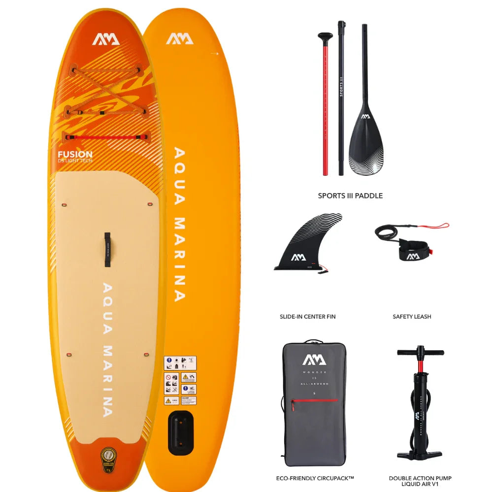 Turuncu Aqua Marina Fusion 2026 şişme SUP board seti, kürek, pompa, taşıma çantası ve güvenlik kayışıyla birlikte.
