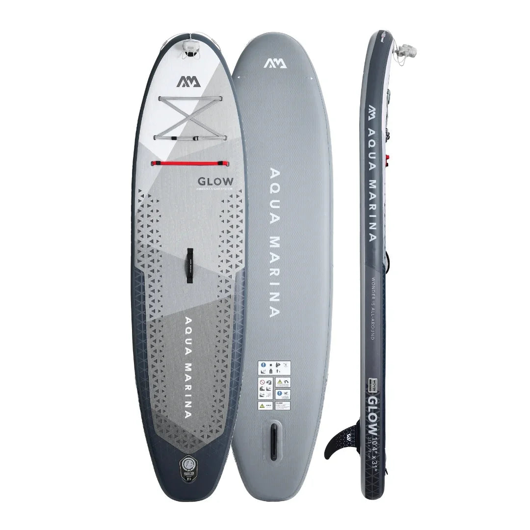 Gri Aqua Marina Glow şişme SUP board, üst, alt ve yan görünümleriyle, su sporları ekipmanı