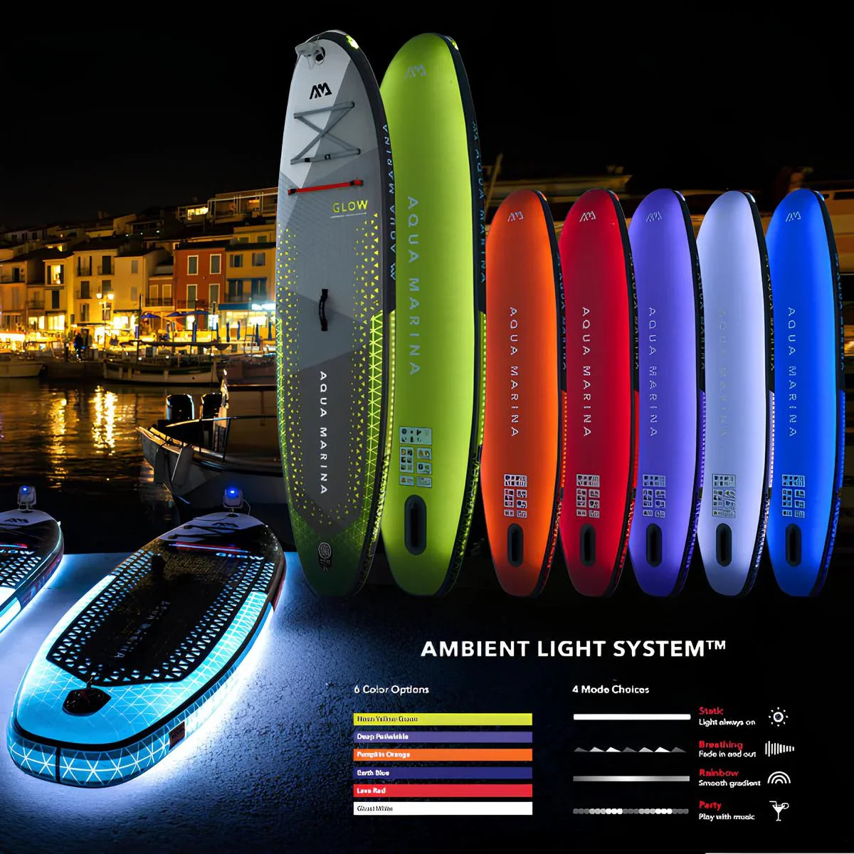 Gece marina ortamında, renkli LED aydınlatmalı Aqua Marina SUP board çeşitleri ve seçenekleri.