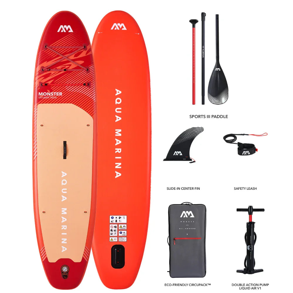 Kırmızı Aqua Marina şişme SUP board, kürek, yüzgeç, bilek kayışı, çanta ve pompa seti