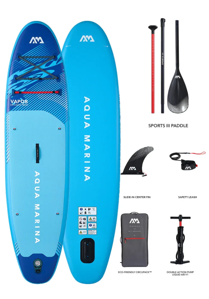 Mavi Aqua Marina Vapor şişme SUP board, kürek, taşıma çantası, pompa, güvenlik kayışı ve merkez yüzgeç seti