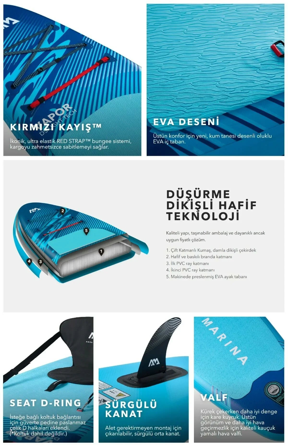 Aqua Marina Vapor 2026 şişme SUP board, kırmızı kayış, EVA desenli taban, sürgülü kanat ve valf detaylarıyla mavi renkli paddle board.