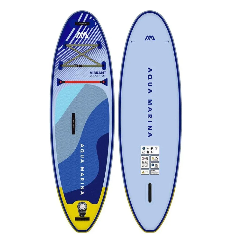 Mavi-sarı desenli Aqua Marina Vibrant 240 cm şişme genç SUP paddle board, iki farklı açıdan.