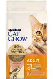 Somonlu yetişkin kedi maması, büyük paket, üzerinde kedi resmi ve protein bilgisi