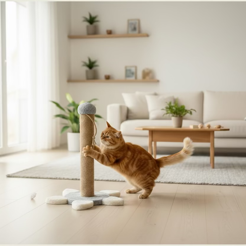 Salonda yuvarlak tabanlı gri kedi tırmalama tahtasında oyuncu sarı kedi