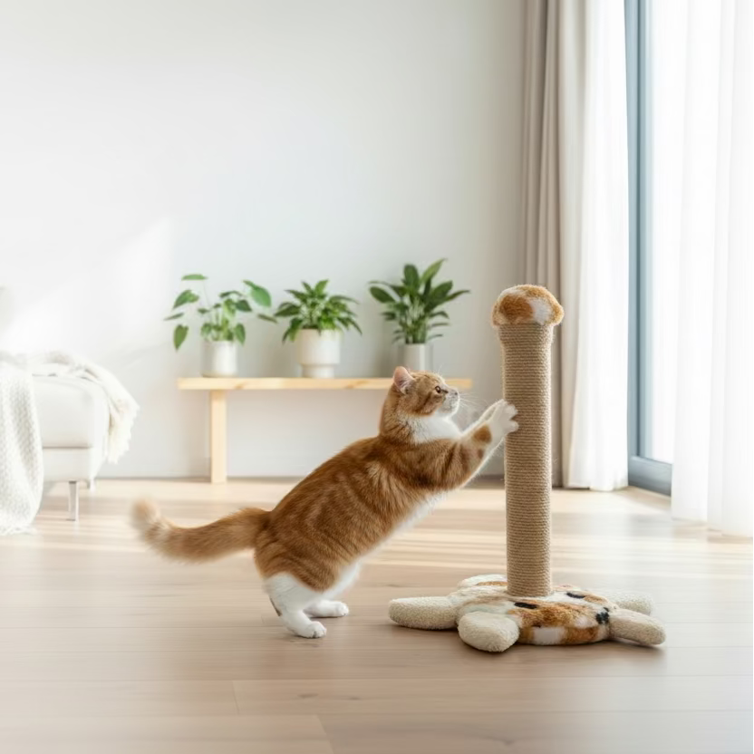 Krem beyaz kaplumbağa figürlü kedi tırmalama tahtasında oynayan turuncu kedi