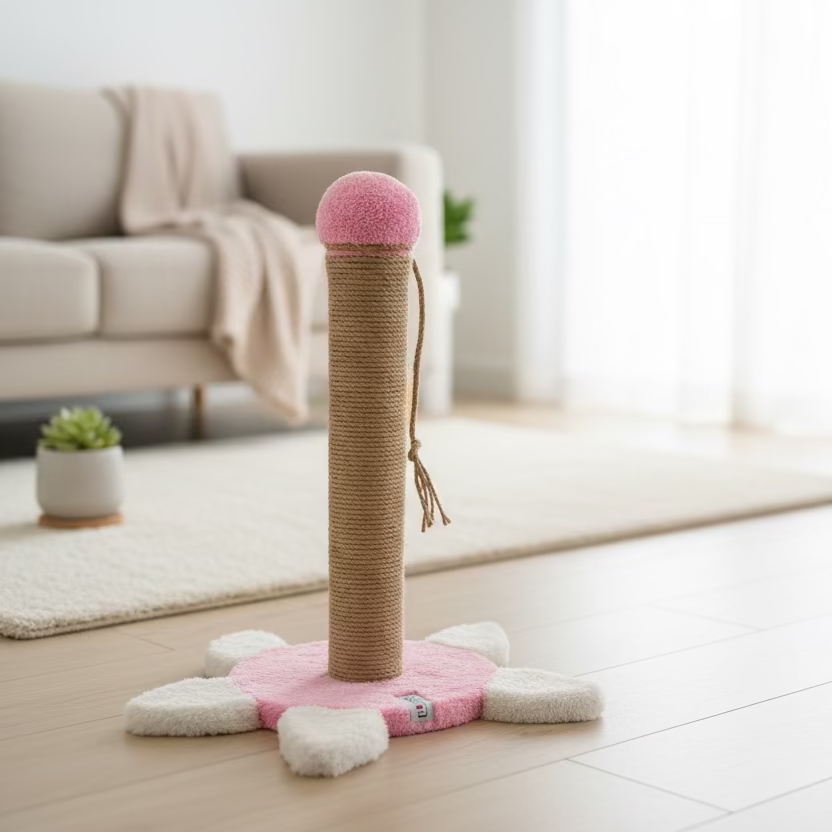Pembe ve beyaz kaplumbağa şeklinde kedi tırmalama tahtası, modern salon ortamında