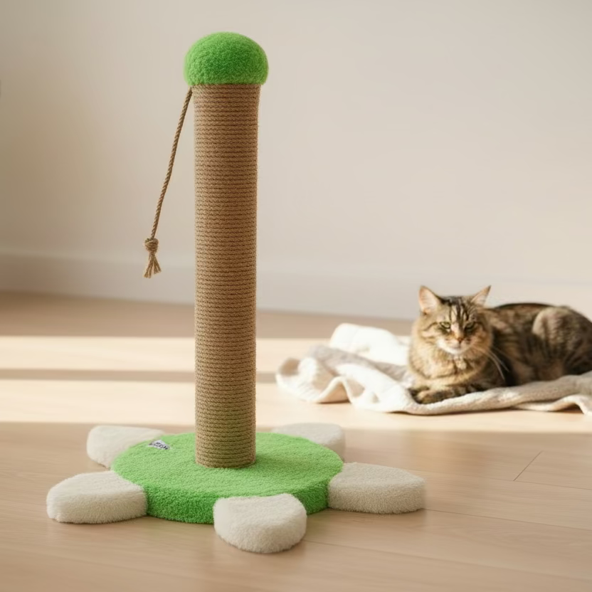 Kedi tırmalama tahtası, kaplumbağa şeklinde, yeşil tabanlı ve yanında bir kedi