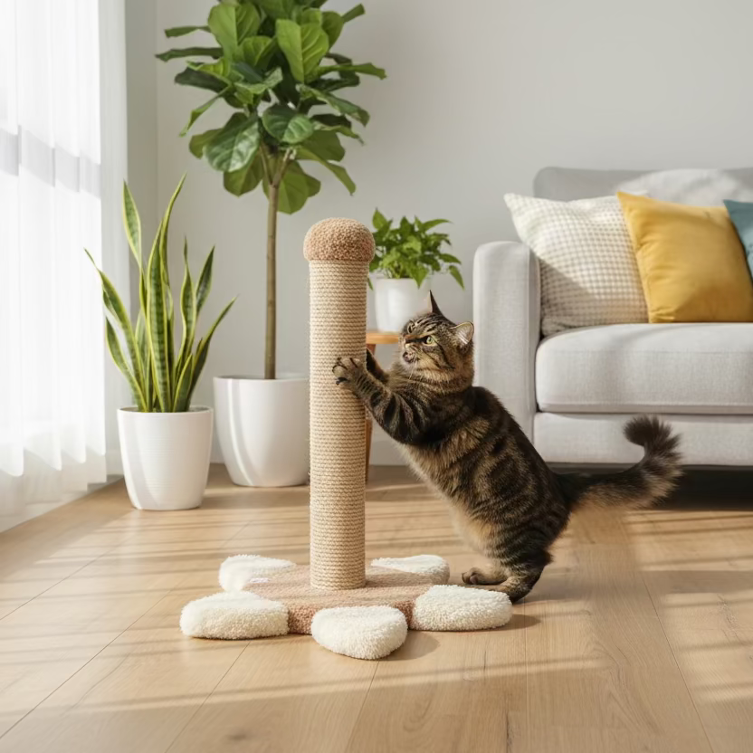 Krem renkli kedi tırmalama tahtasında tırmalayan kedi, modern salon ortamı.