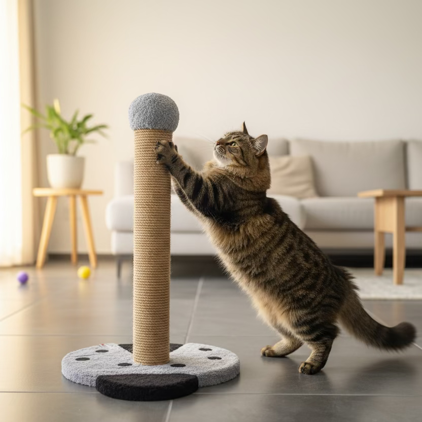 Gri ve siyah uğur böcek desenli kedi tırmalama tahtasında tırmanan kedi, salon ortamı.