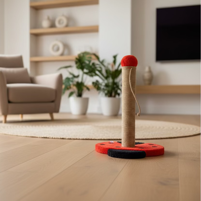 Kırmızı uğur böceği desenli kedi tırmalama tahtası, modern salon zemininde