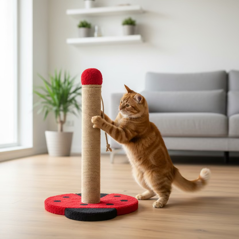 Kırmızı uğur böceği desenli kedi tırmalama tahtasında turuncu kedi, modern salon ortamında