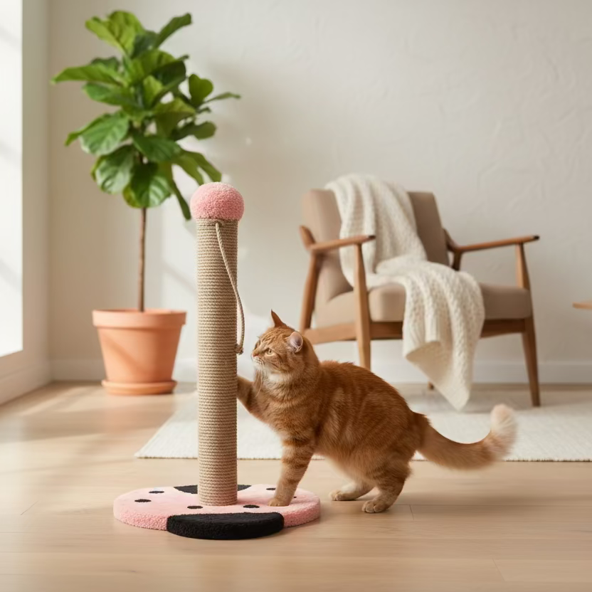 Kedi, pembe uğur böcekli tırmalama tahtasında oynuyor; ev ortamında kedi aksesuarı