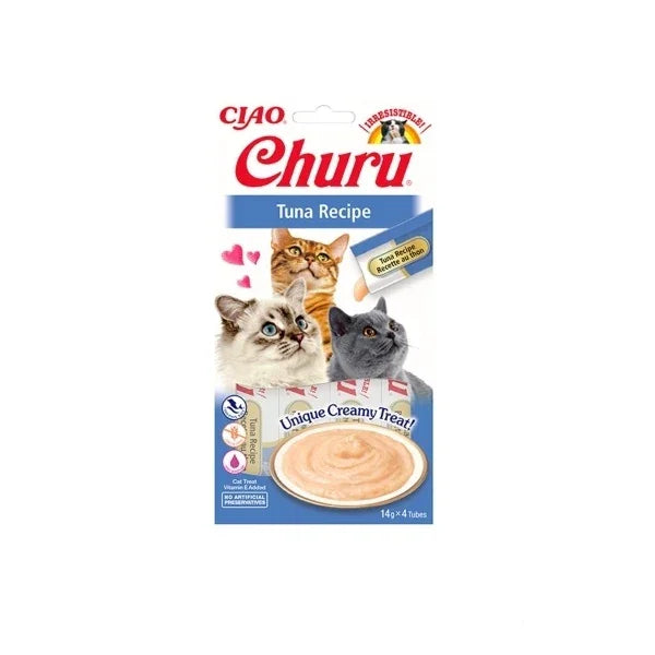 Churu ton balıklı sıvı kedi ödül maması paketi, üç kedi görseli ve krem kıvamlı ödül maması