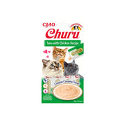 Ciao Churu ton balıklı ve tavuklu kremalı kedi ödül maması paketi, üç kedi görseliyle