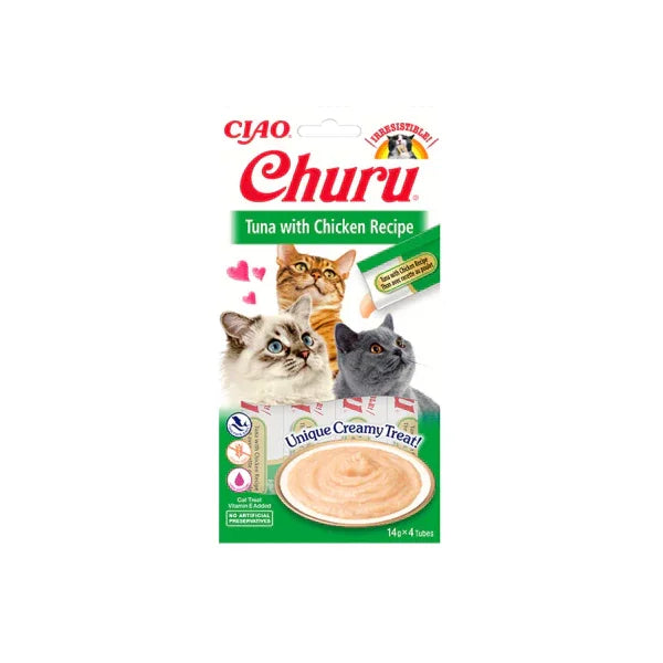 Ciao Churu ton balıklı ve tavuklu kremalı kedi ödül maması paketi, üç kedi görseliyle