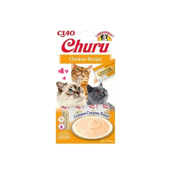 Ciao Churu tavuklu kedi ödül maması paketi, üç kedi görseli ve krem kıvamında mama