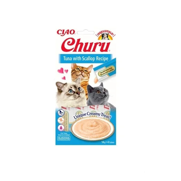 Krem kıvamında ödül maması, üç kedi görselli, ton balıklı Churu kedi ödül maması ambalajı.
