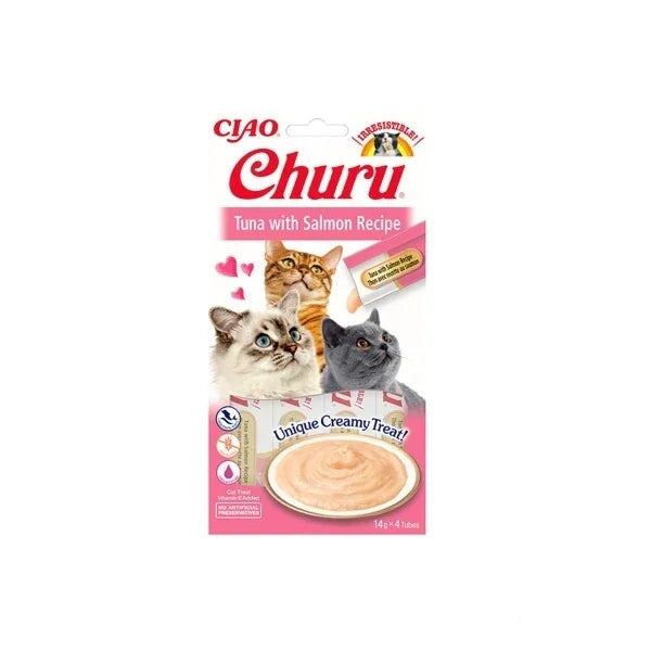 Üç kedi görselli, ton balıklı somonlu Ciao Churu kedi ödül maması poşeti.